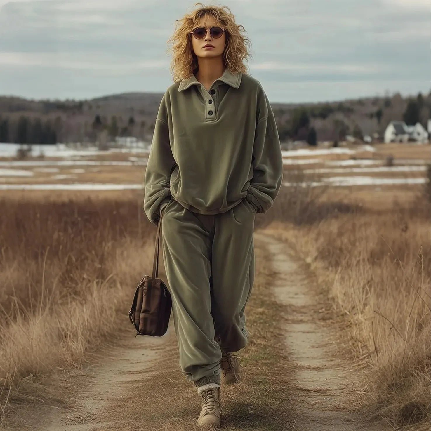 Women's Vintage Autumnal Olive Green Tracksuit Outfit Set