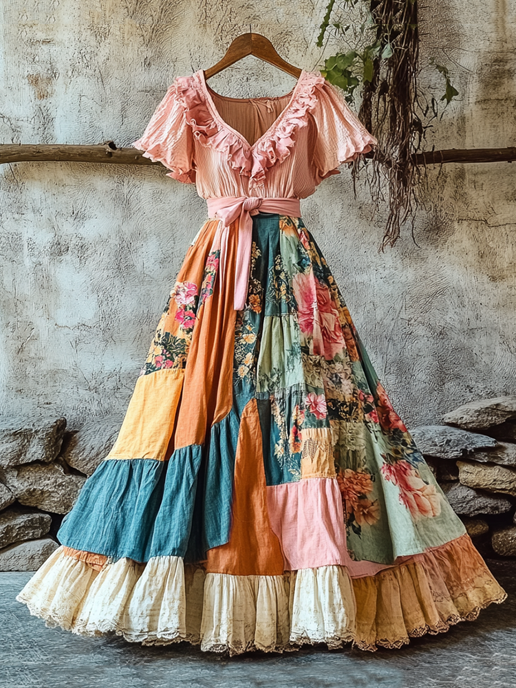 Women's Fashion Elegant Bohemian Floral Ruffle Dress