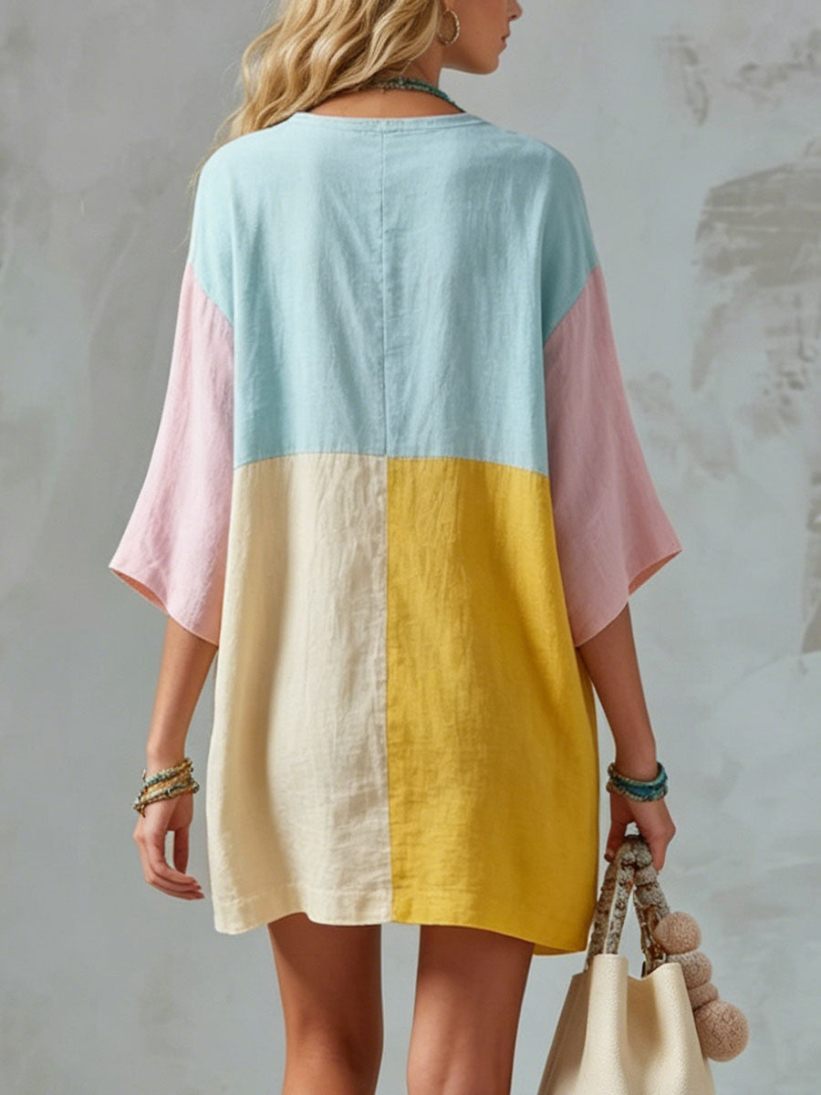 Women's Casual Loose-fit Color-block Cotton-linen Short-sleeve Mini Dress