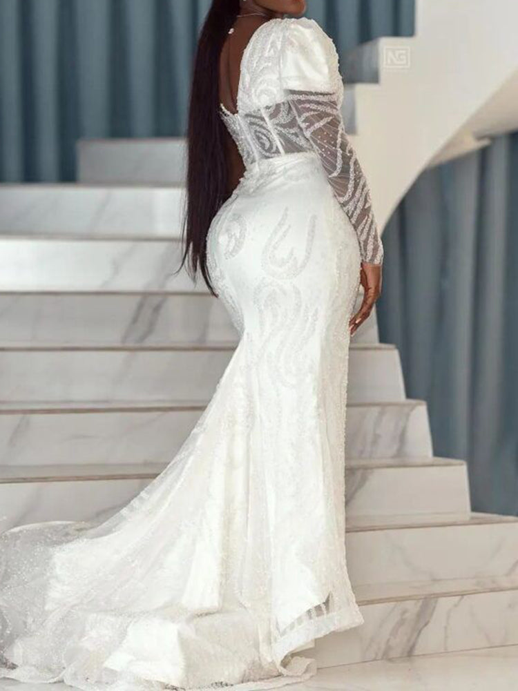 One-Shoulder Long Sleeve Lace Empire Solid Color Wedding Maxi Dress