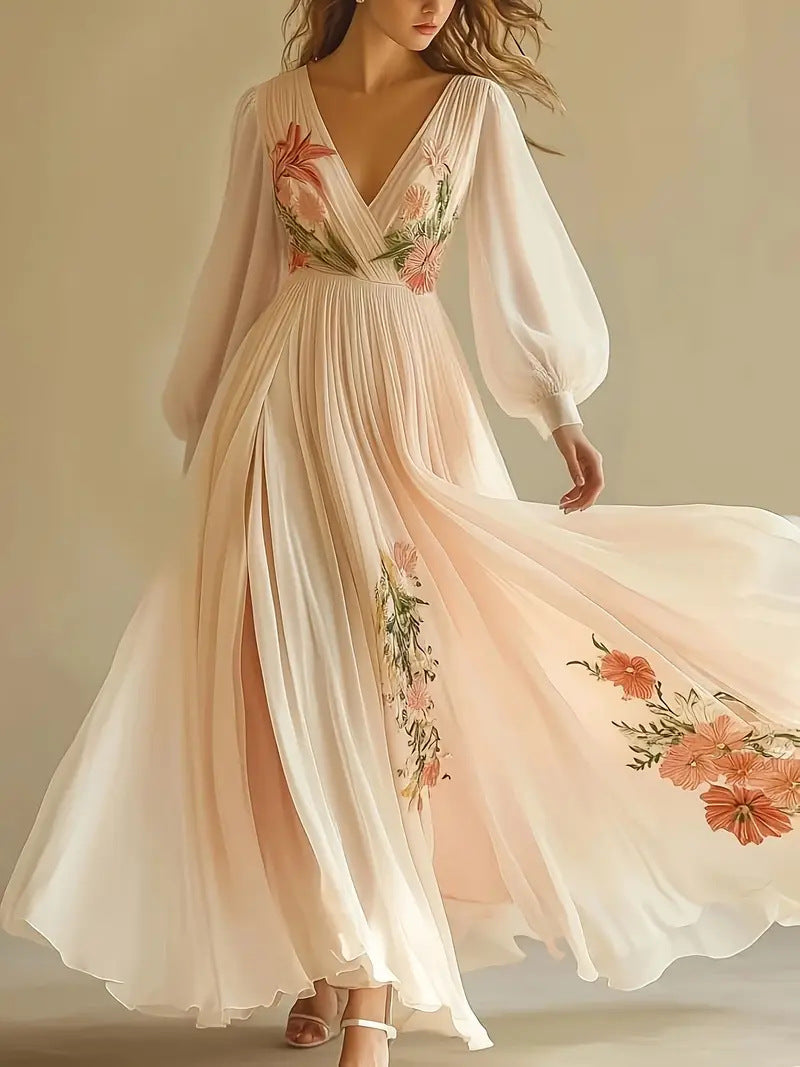 Women's Elegant Pleated Round-Neck Maxi Dress - Minimalist Tiered Ruffle Hem Flowy Sundress - Ethereal Loose Fit Party Dress