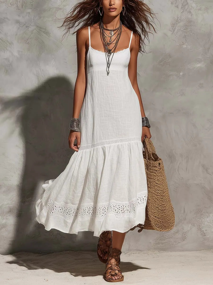 Boho Spaghetti-strap Lace Trim Cotton-linen Midi Dress+