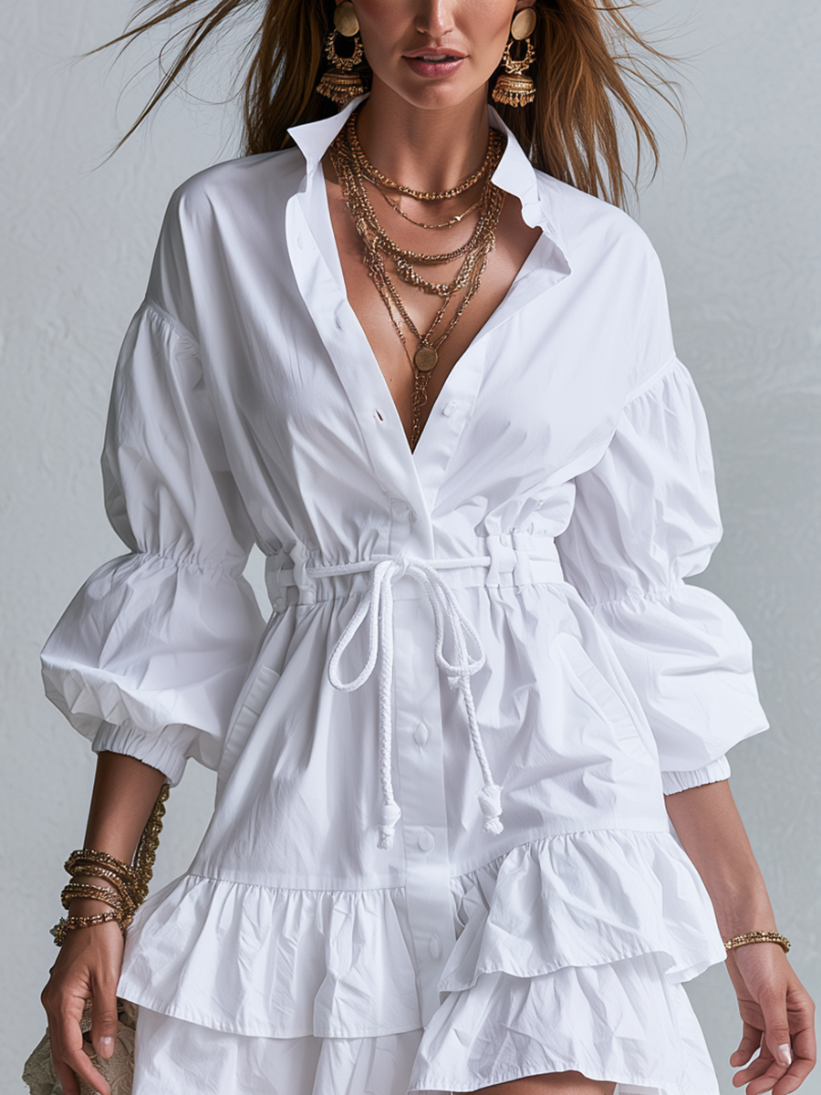 Bohemian White Ruffled Shirt Dress