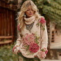 Women's Retro Rose Floral Art Cozy Hight Neck Sweater