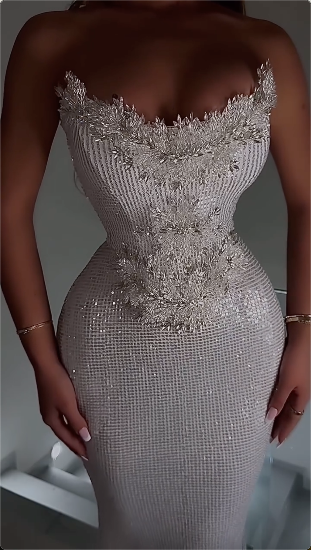 Opulent Silver Strapless Sequin Mermaid Maxi Dress with Intricate Crystal Floral Appliques