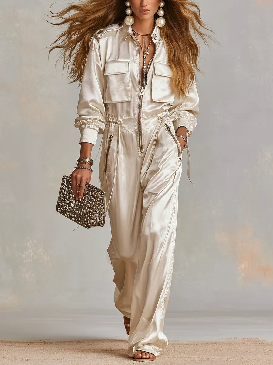 Bohemian White Satin Practical Pocket Zip-up Jumpsuit