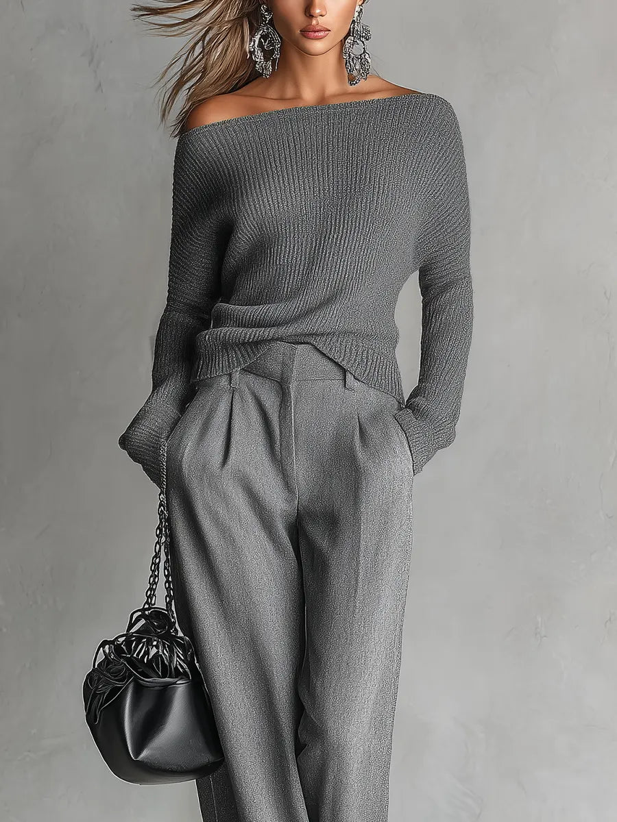 Minimal Elegant One Shoulder Knit Co-Ord Pants Set