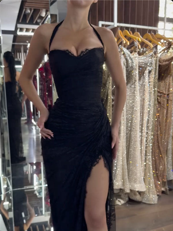 flower lace mesh halterneck split-side Wrap Maxi Dresses