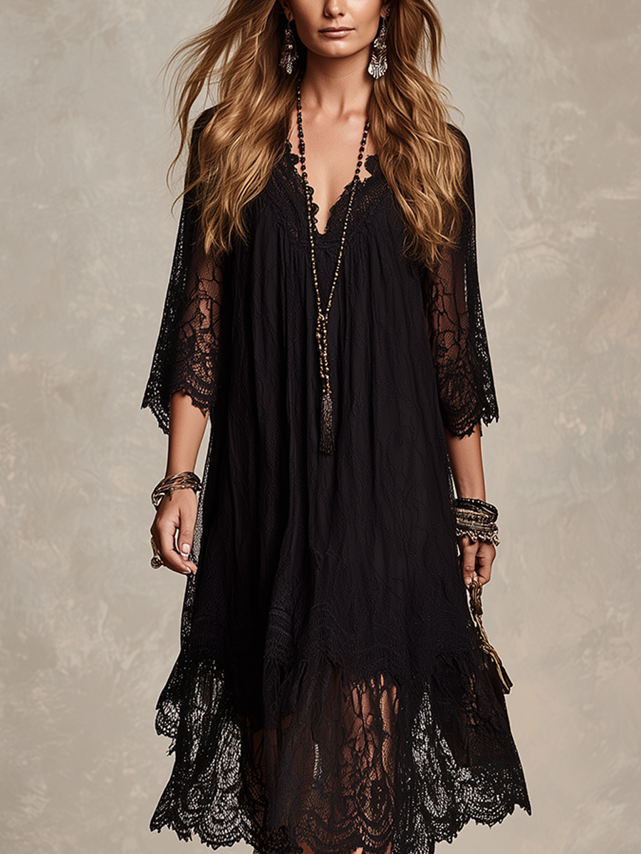 Bohemian Black Lace Maxi Dress