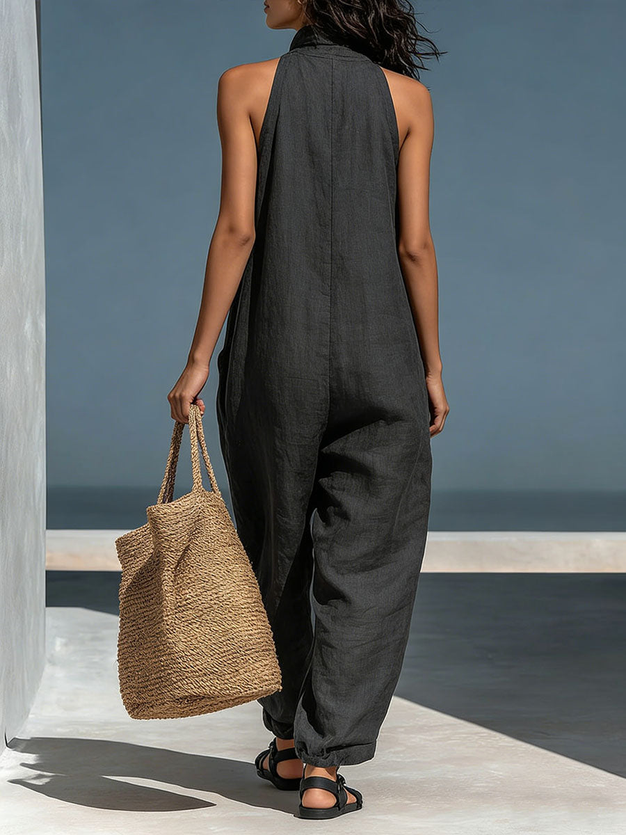 Women's Stand-up Collar Sleeveless Casual Loose Cotton And Linen Wide-leg Jumpsuit