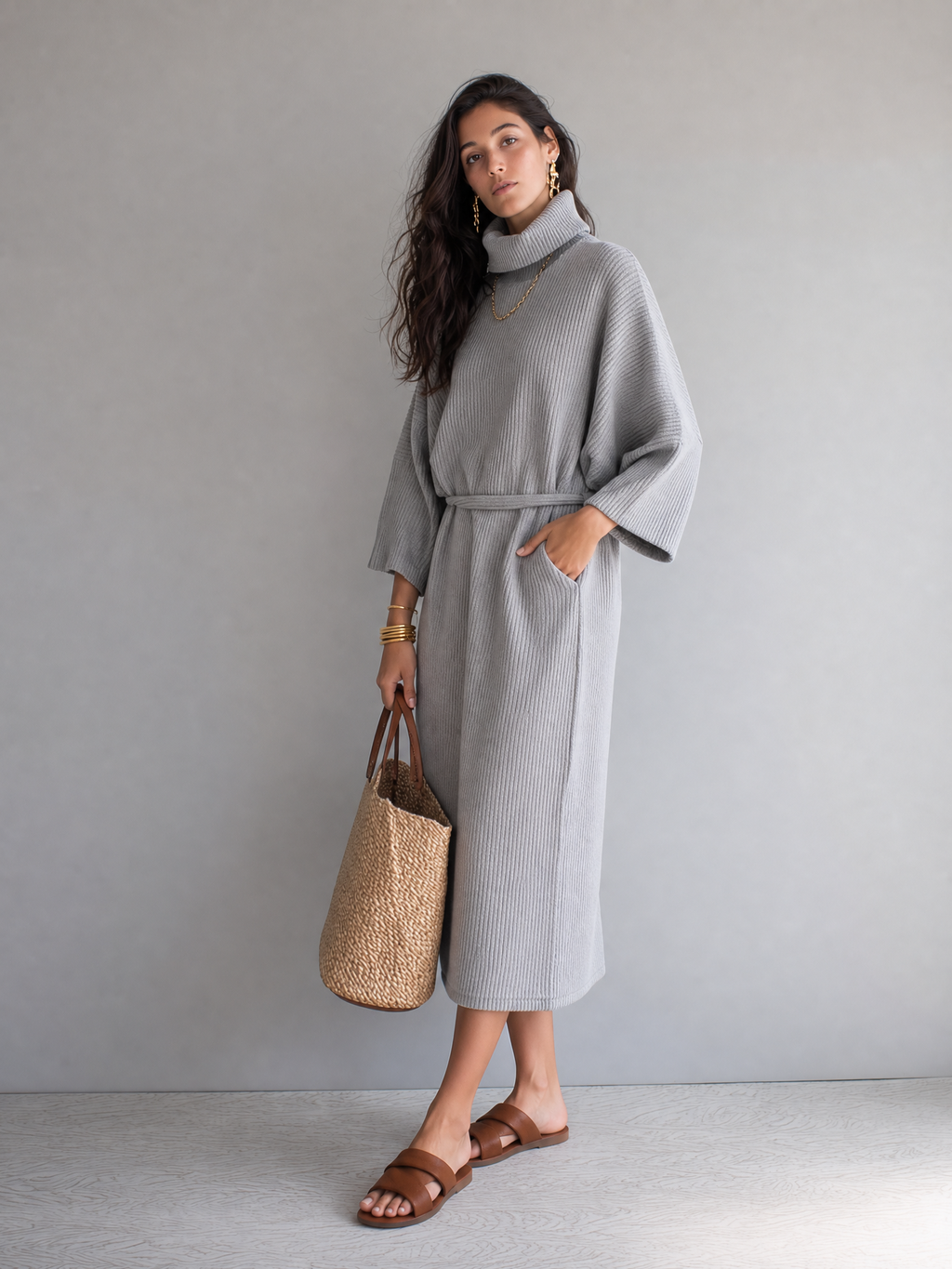 Elegant Light Gray Ribbed Turtleneck Sweater Dress