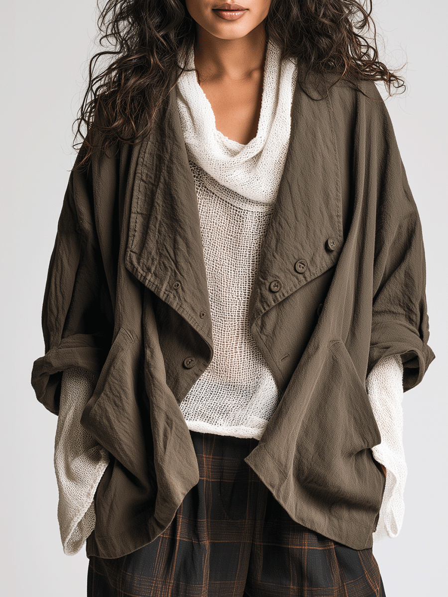 Utility Chic Washed-Cotton Open-Front Drop-Shoulder Army Green Shacket