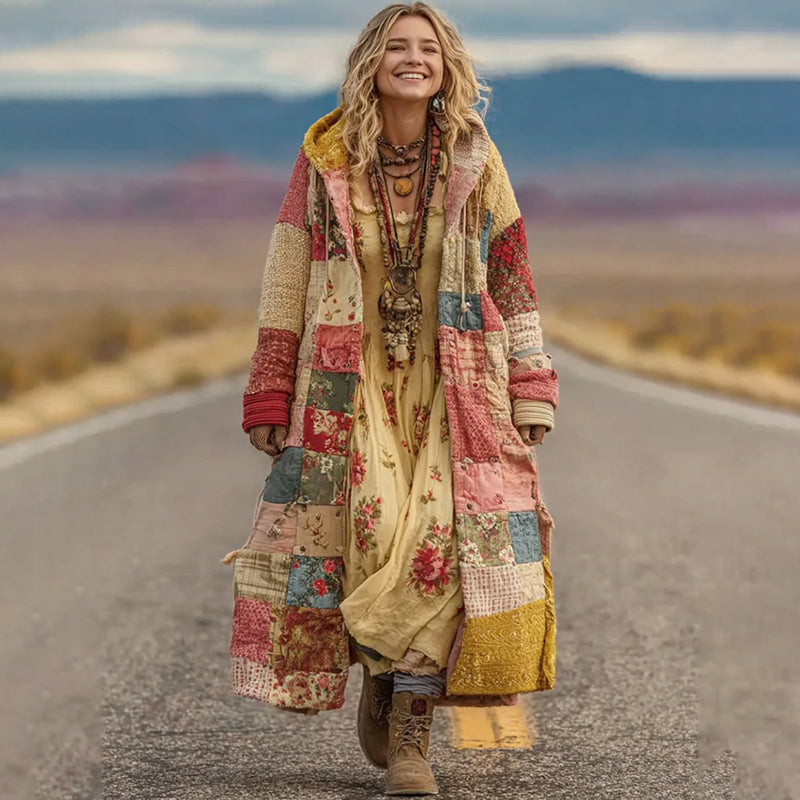 Women's Vintage Patchwork Floral Art Cozy Knit Hooded Long Cardigan