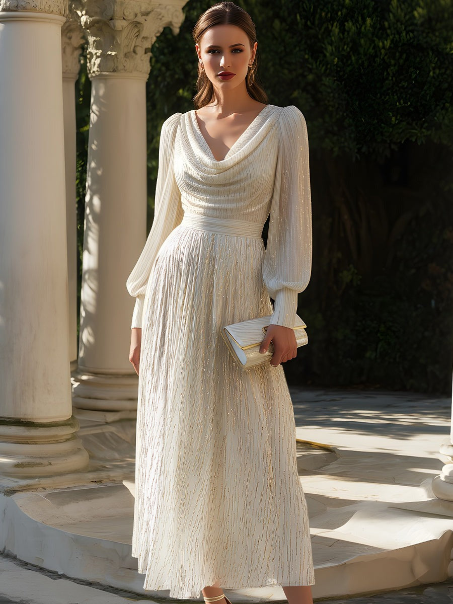 Long Sleeve Shimmer Cowl Neck Pleated Gown