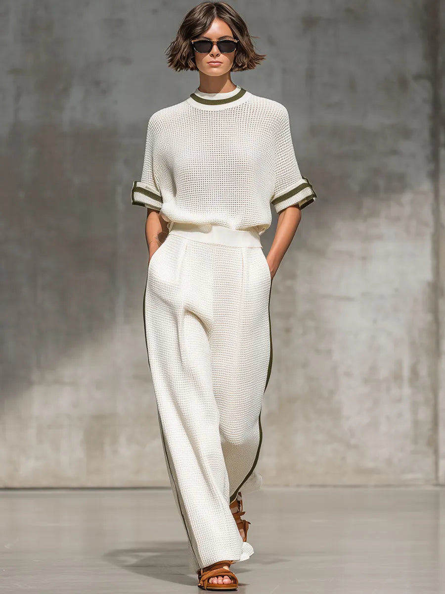 Vintage-Trimmed White Knitted Mesh Short-Sleeved Shirt And Wide-Leg Pants Set