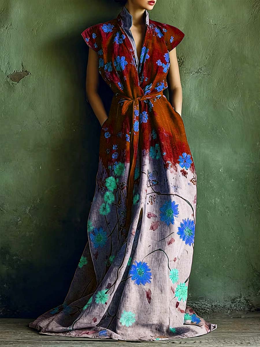 Women's Casual Loose Cotton-linen Dress With Placement Print Stand Collar And Sleeveless Design