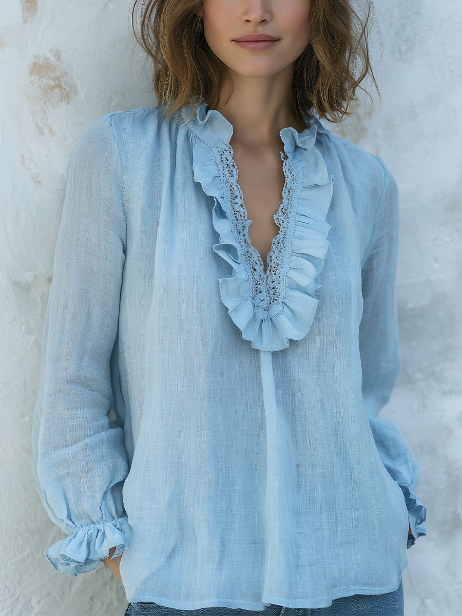Romantic Sky Blue Ruffle Lace Blouse