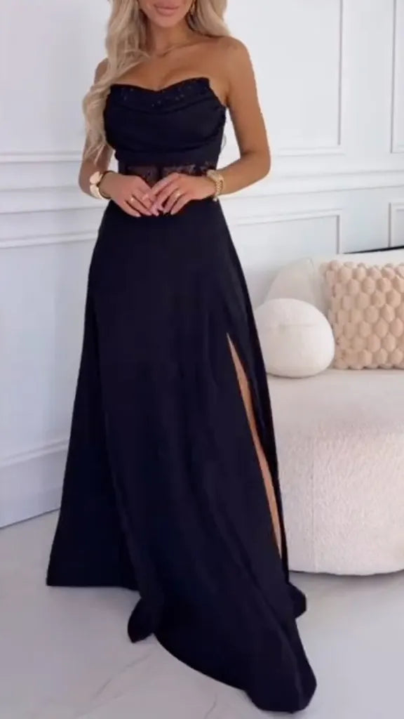 Black Strapless Lace Maxi Dresss