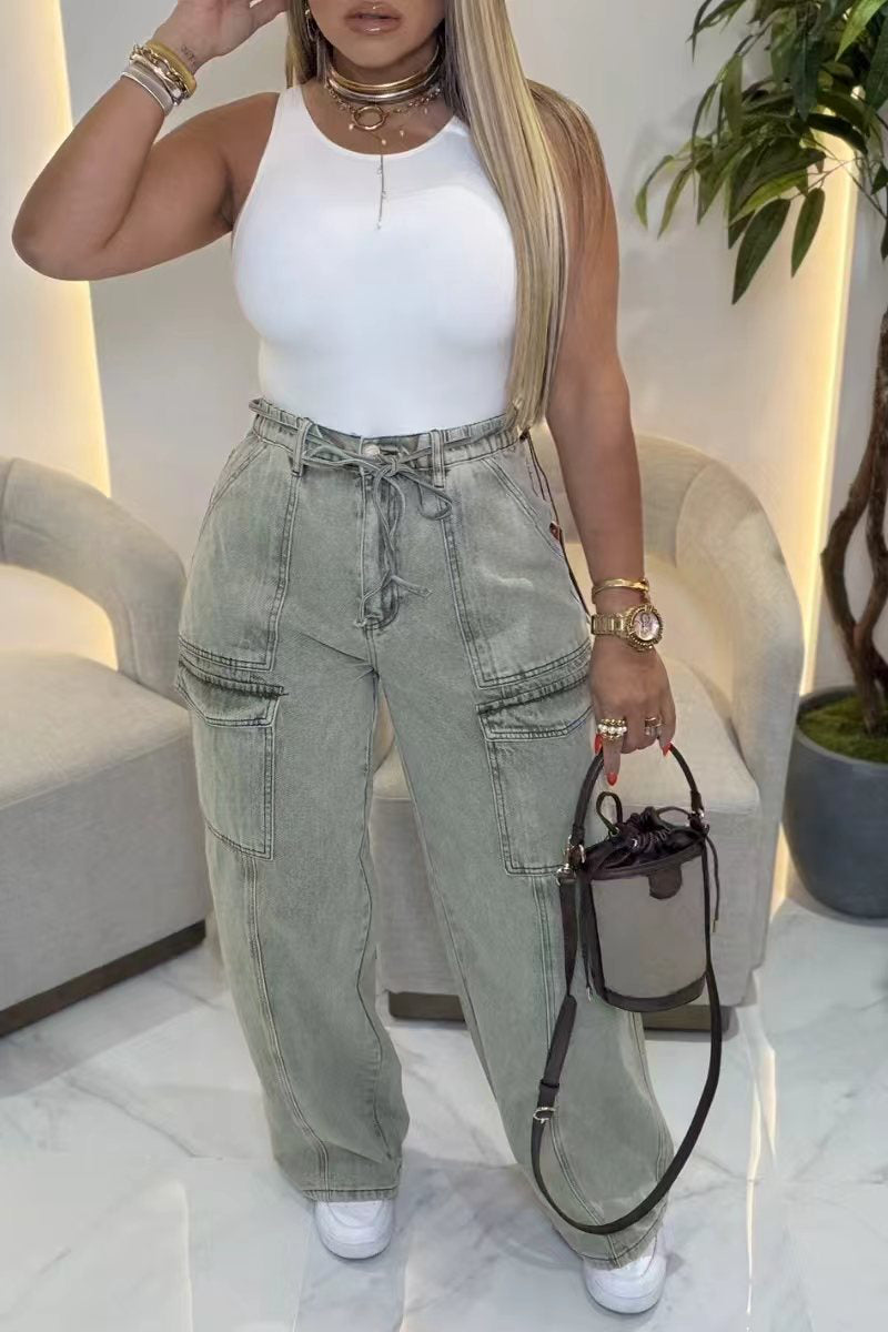 Women's Drawstring Wide-Leg Cargo Jeans