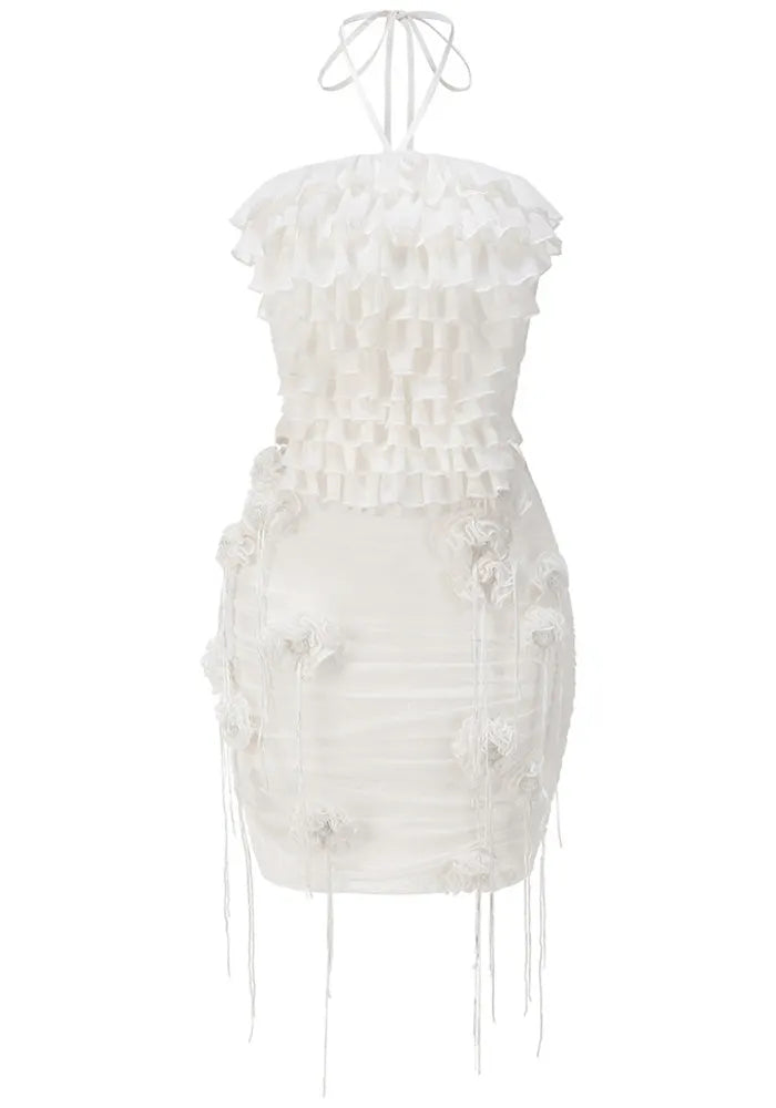 Halter Floral Ruched Two Piece Dress White