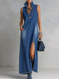 Casual Sleeveless Denim Dress With Slit