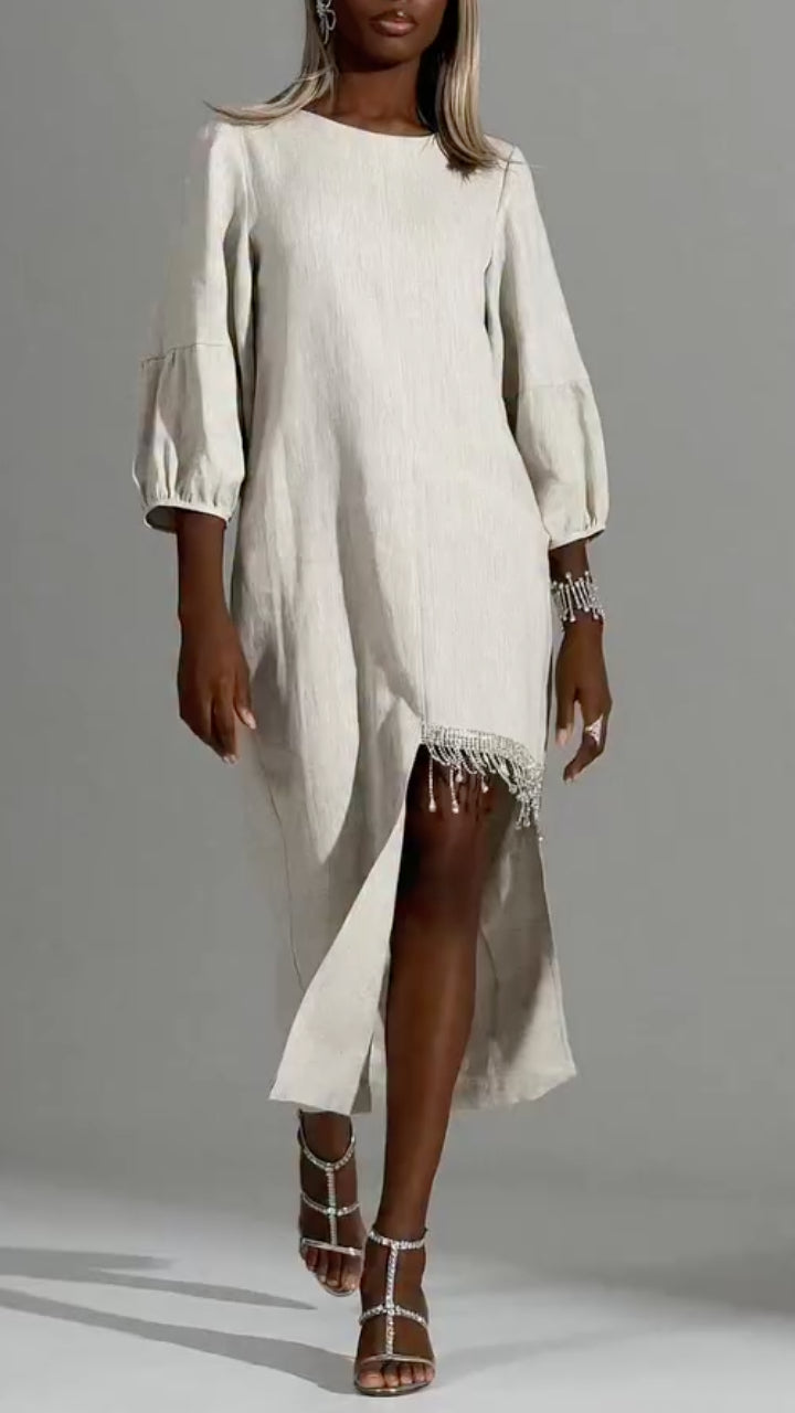 Beige Linen Fringe‑Slit Midi Dress