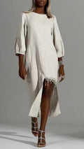 Beige Linen Fringe‑Slit Midi Dress