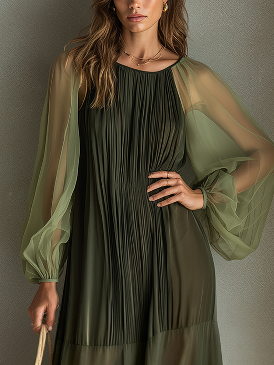 Flowy Olive Sheer Pleated Midi Dress