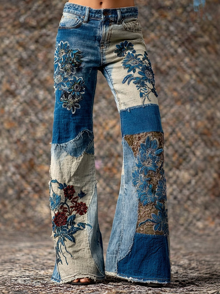 Boho Floral Embroidered Patchwork Vintage Bootcut Jeans