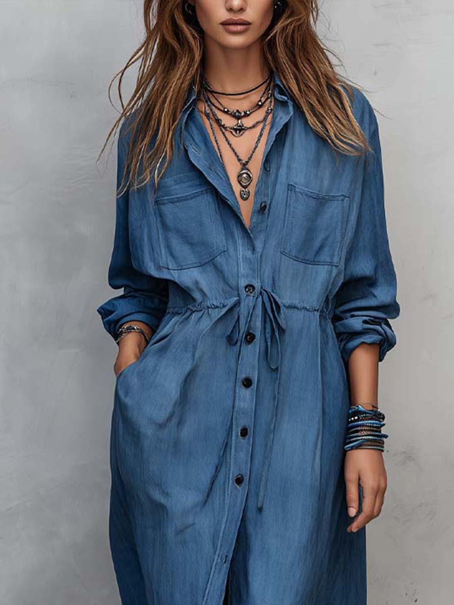Vintage-style Long Sleeves Denim Shirt Midi Dress