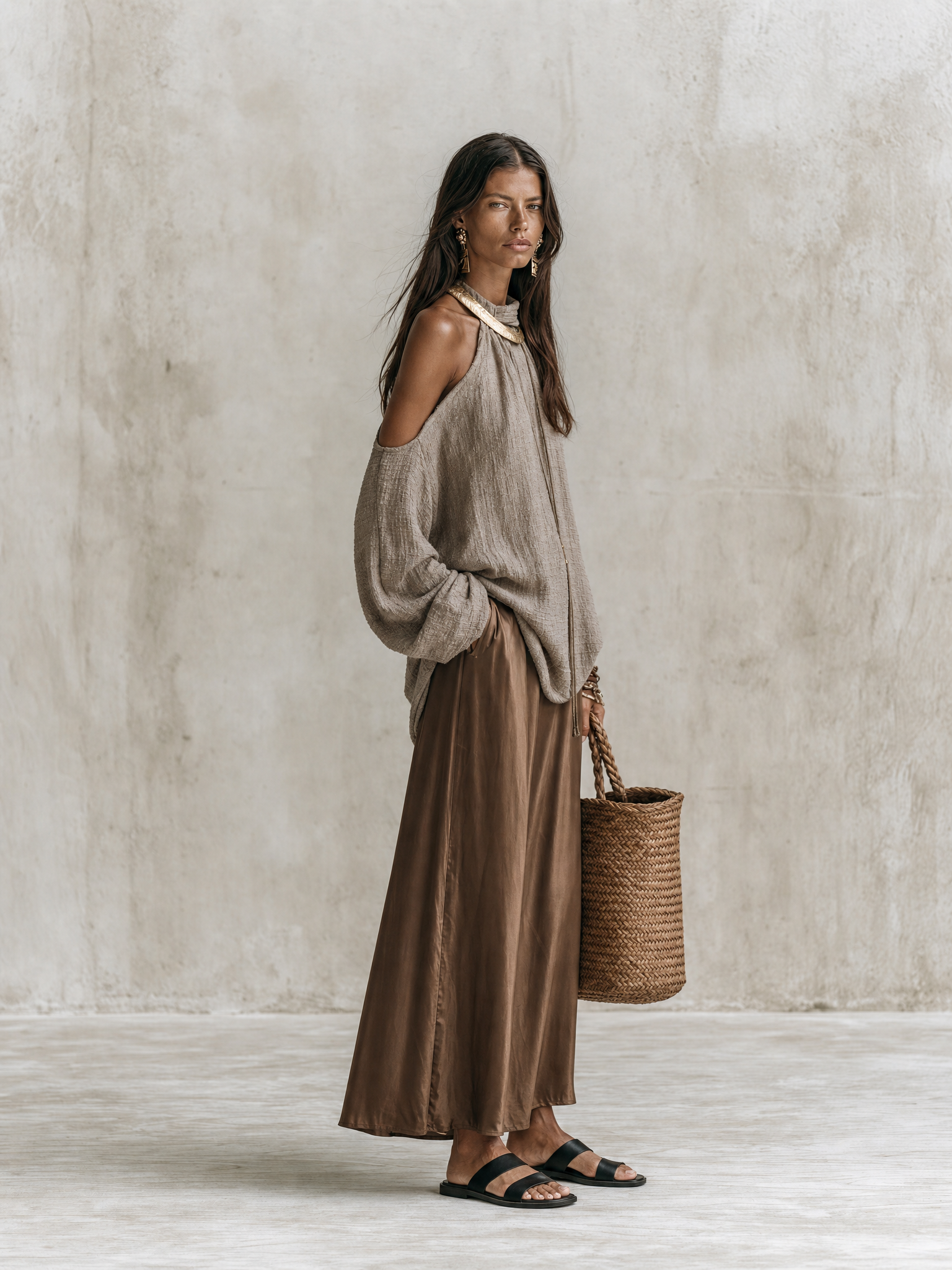 Effortless Chic Taupe Knit Sweater & Brown Satin Maxi Skirt Set