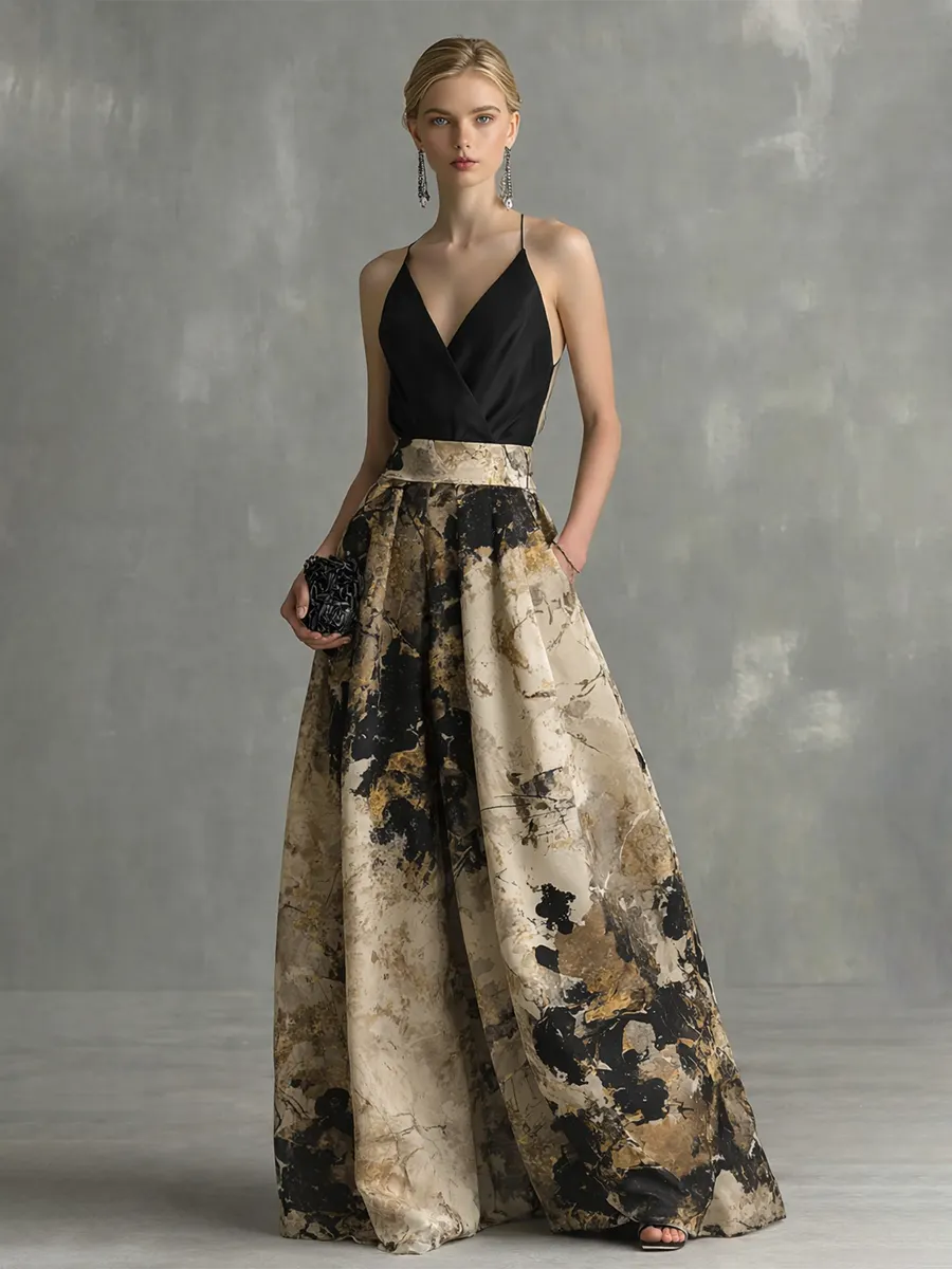 Women's Elegant Black And Beige Abstract Print V-Neck Spaghetti Strap Maxi Dress MDZ1483B2BA