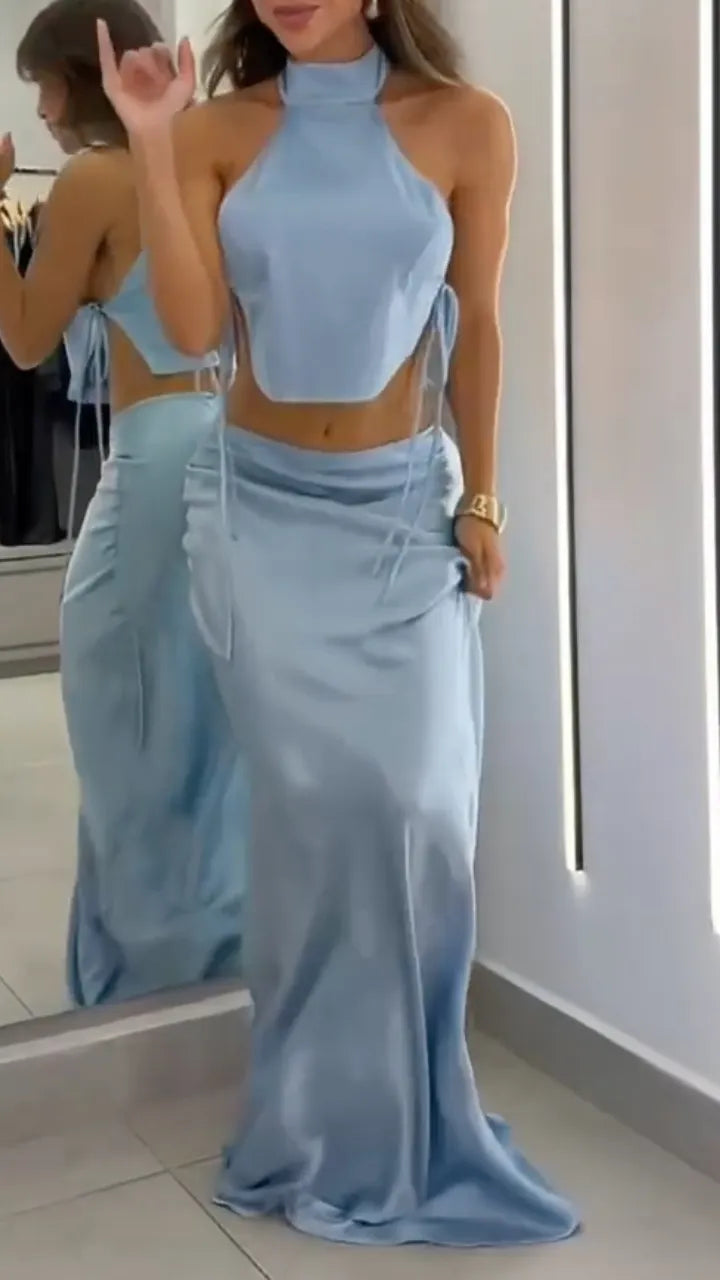 Halter Neck Crop Top + Ruched Maxi Skirt Set