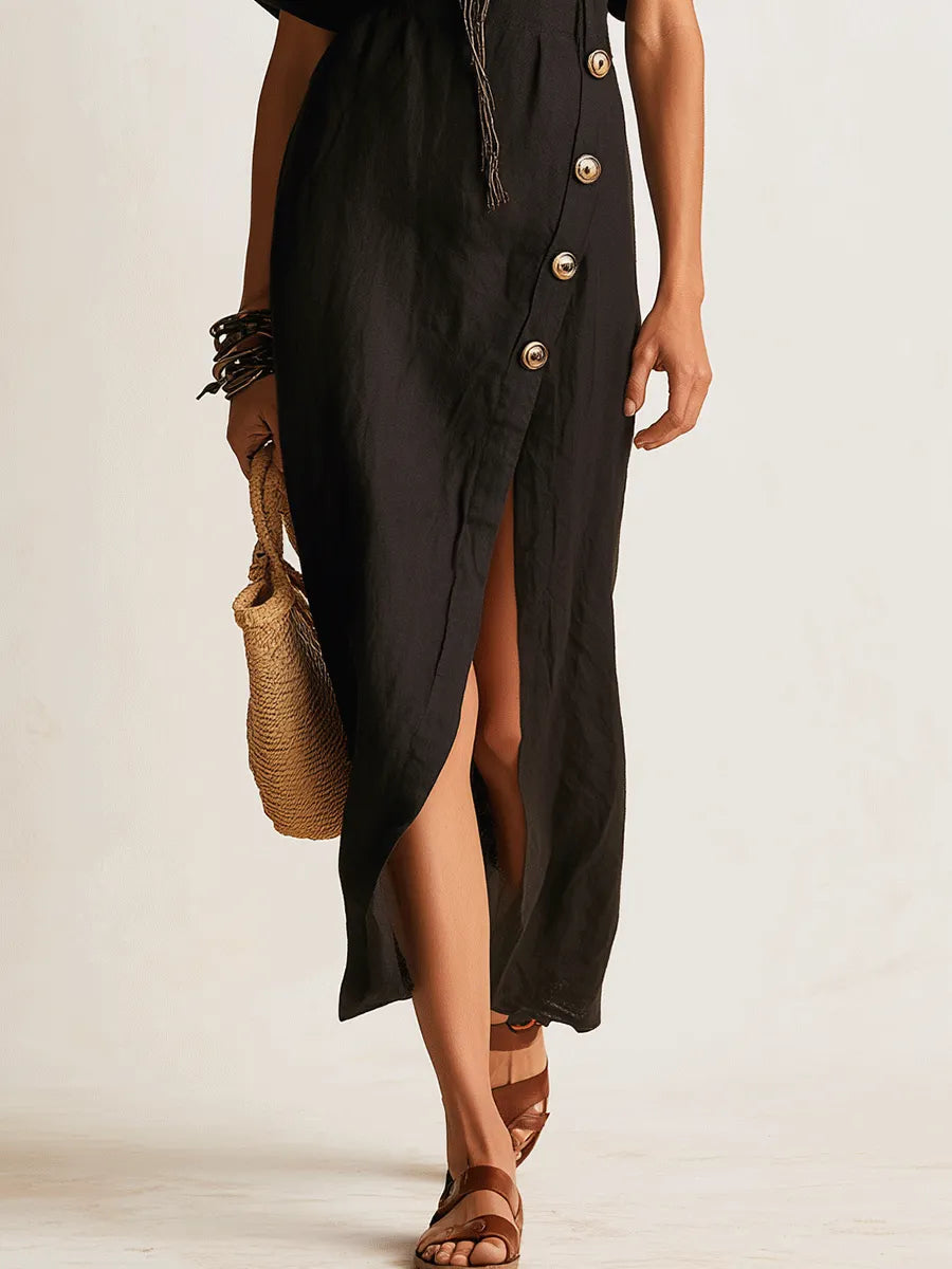 Chic Linen Asymmetric Button-Front Black Maxi Dress