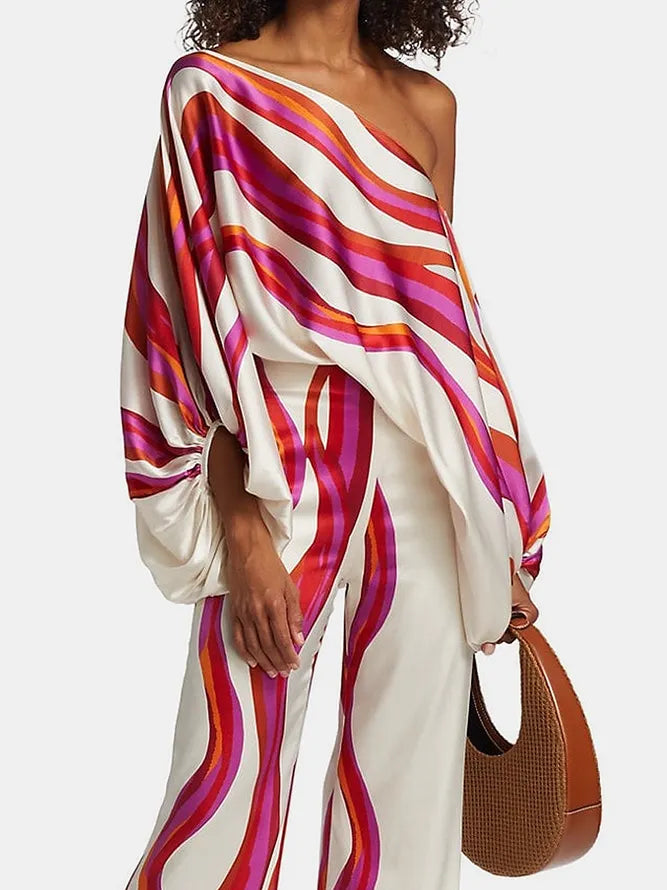 Printed Loose Puff Sleeves Off-the-shoulder Two Pieces Set Pants Set Casual Pants Bottoms Blouses