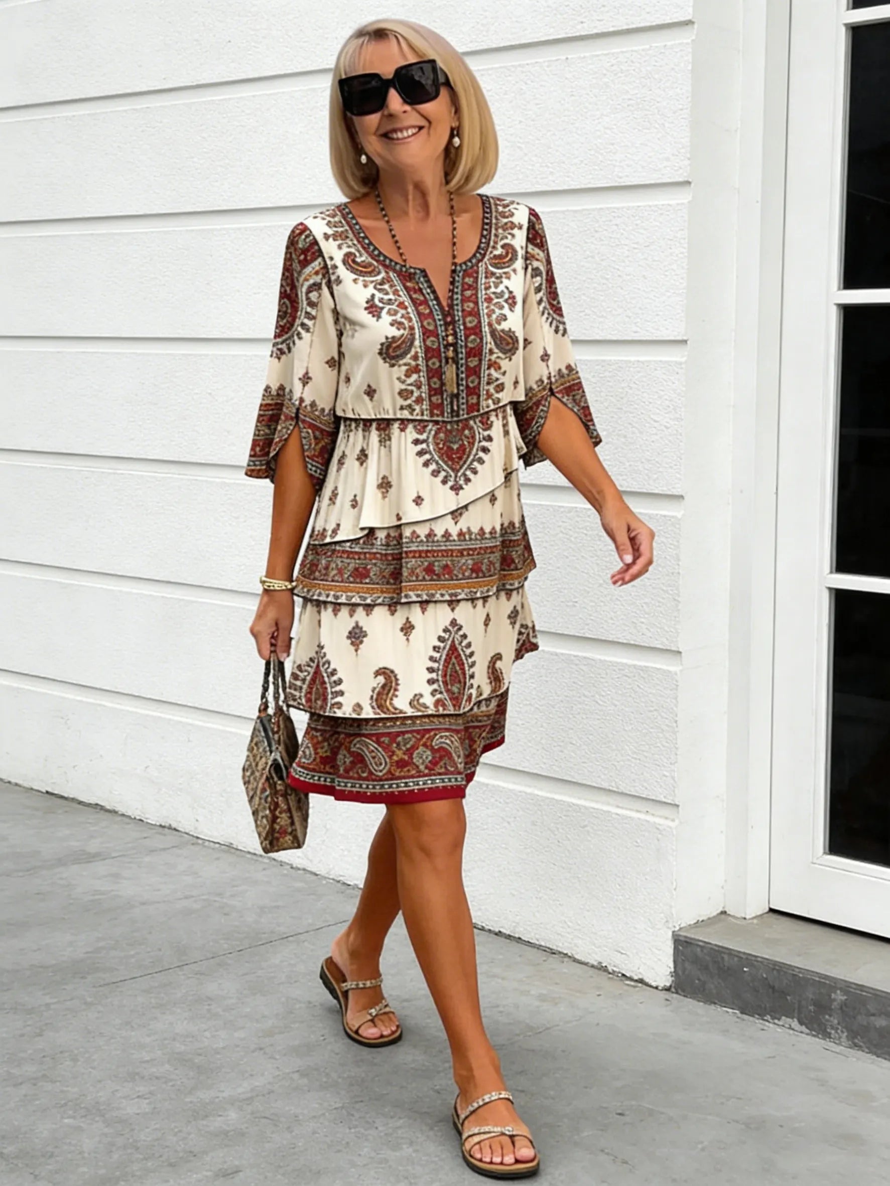 Chiffon Vacation Prints Color Round Neck Cake Skirt Splicing Dress Mid-length