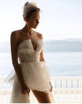 Bandeau Sleeveless Applique Ruched Tiered A-Line Mini Wedding Dress