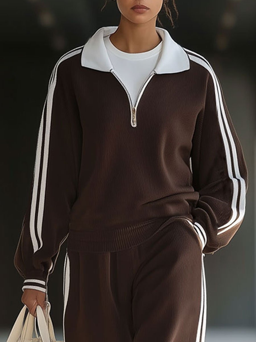 [24-hour shipping out]Casual Loose Retro Striped Polo Collar Zipper Sports Sweatshirt Set
