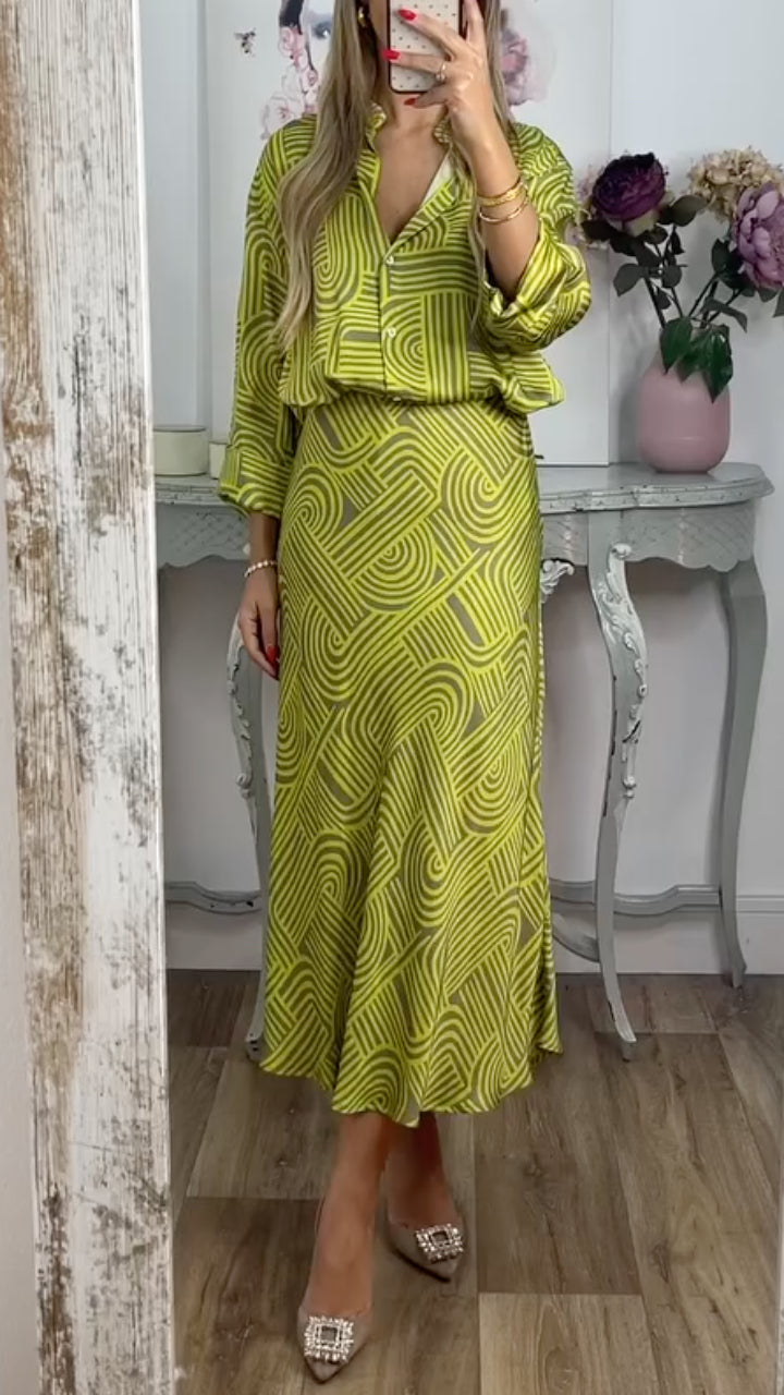 Geometric Print Shirt & Midi Skirt Co‑Ord Set