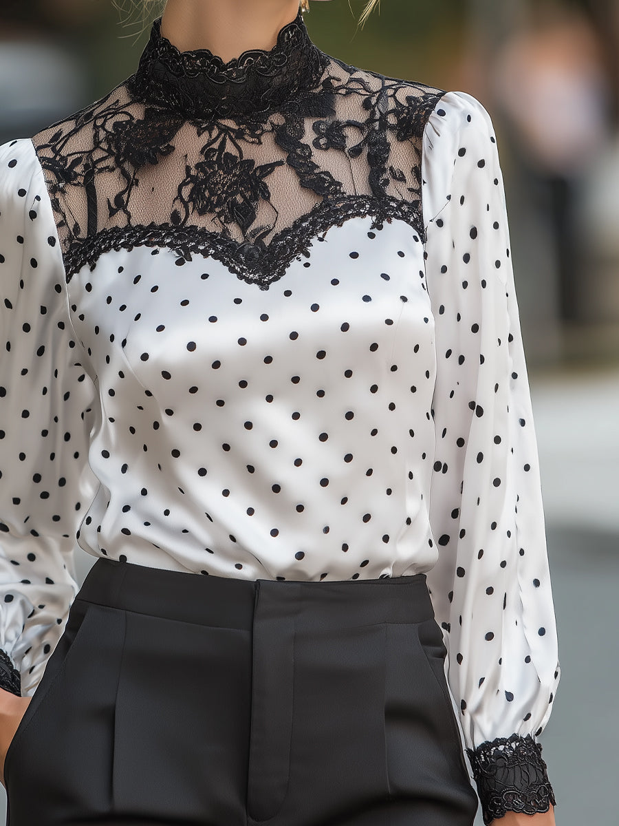 Polka-Dot Satin Lace-Yoke Long-Sleeve Blouse
