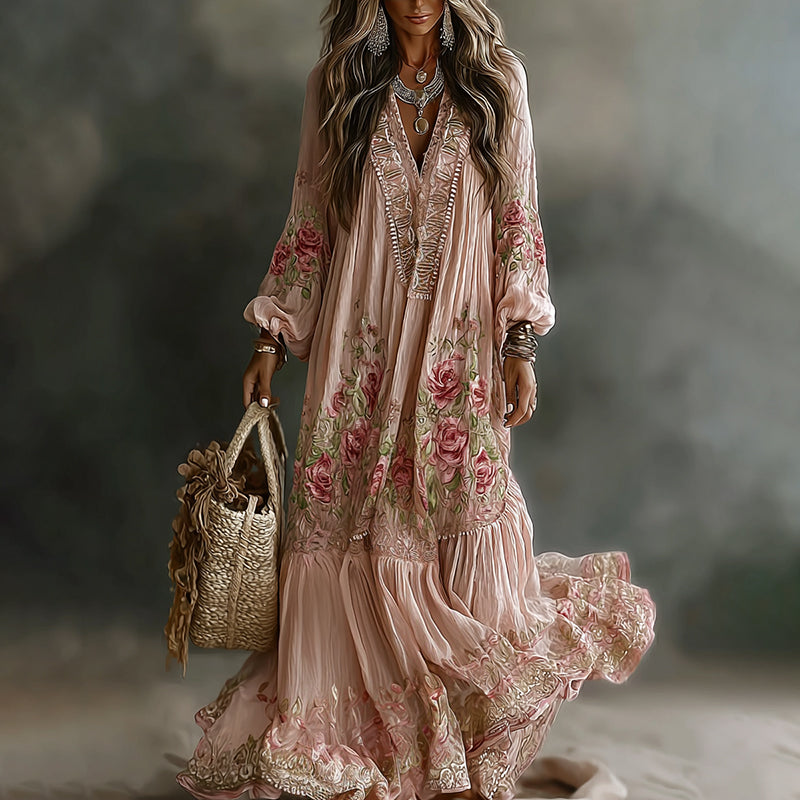 Women's Floral Art Print Flowy Linen Blend Casual Long Sleeve Maxi Dress
