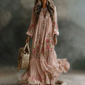 Women's Floral Art Print Flowy Linen Blend Casual Long Sleeve Maxi Dress