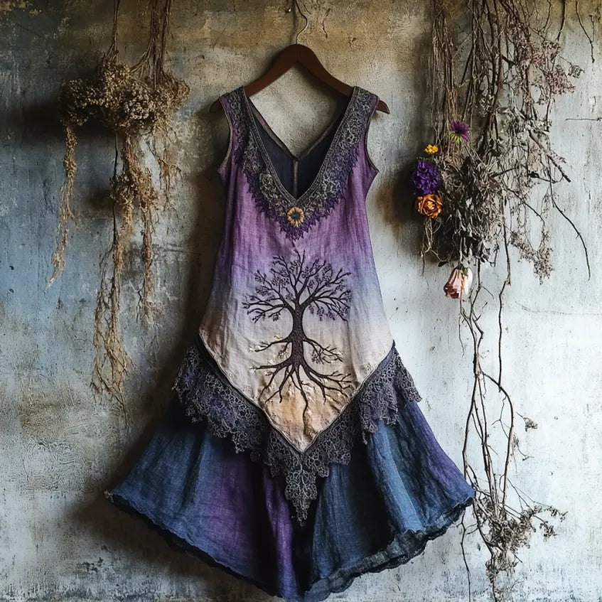 Vintage Viking Tribal Celtic Knot Life Of Tree Lace Patchwork Art Linen Tank Dress