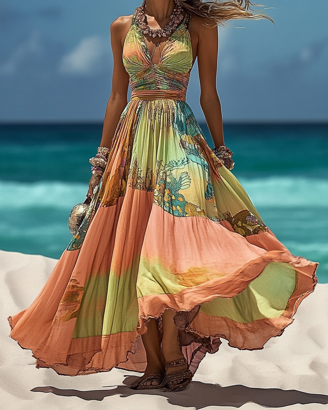 Summer vacation fashion color block elegant dress 7770