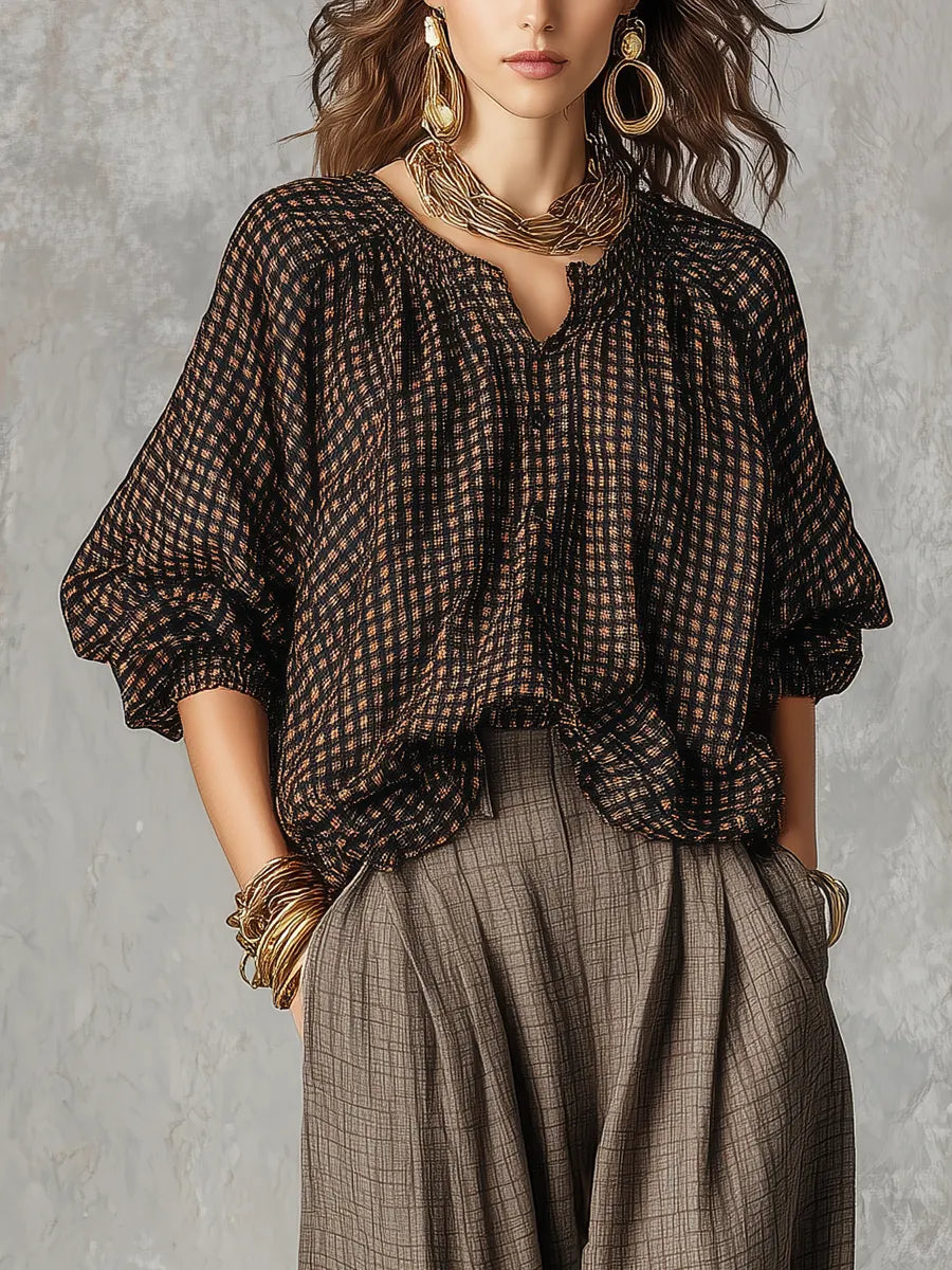 Bohemian Brown Plaid Shirt And Trousers Suit