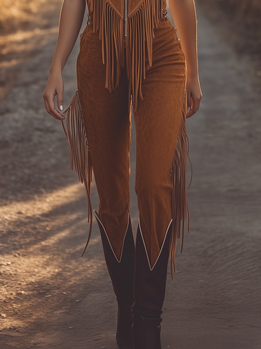 [24-hour shipping out]Western Fringed Brown Suede Vest Zip-Up Jumpsuit