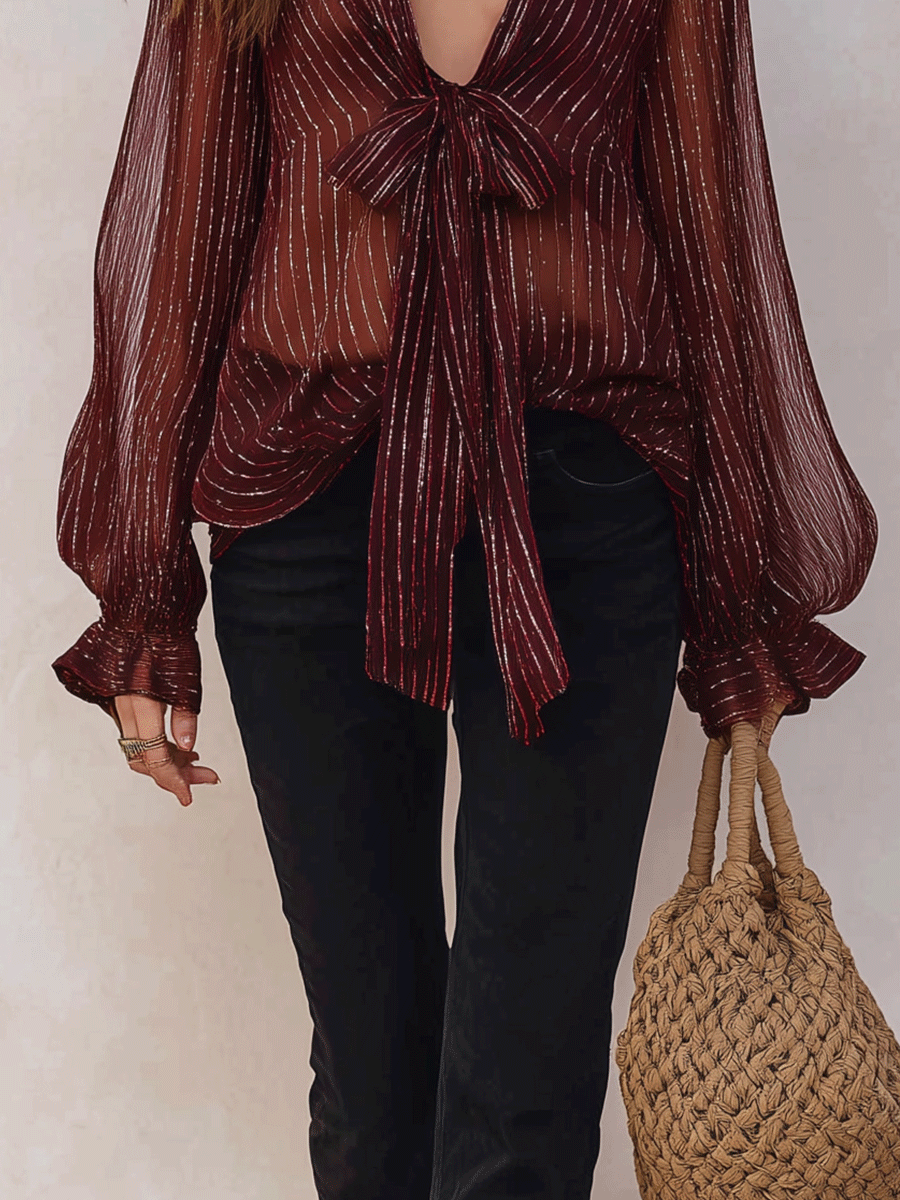 Bohemian Shimmer Stripe Resort Burgundy Tie-Front Blouse