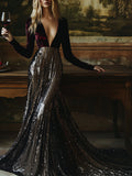 [24-hour shipping out]V-Neck Stylish Elegant Solid Color Velvet Sequined Long Maxi Dress