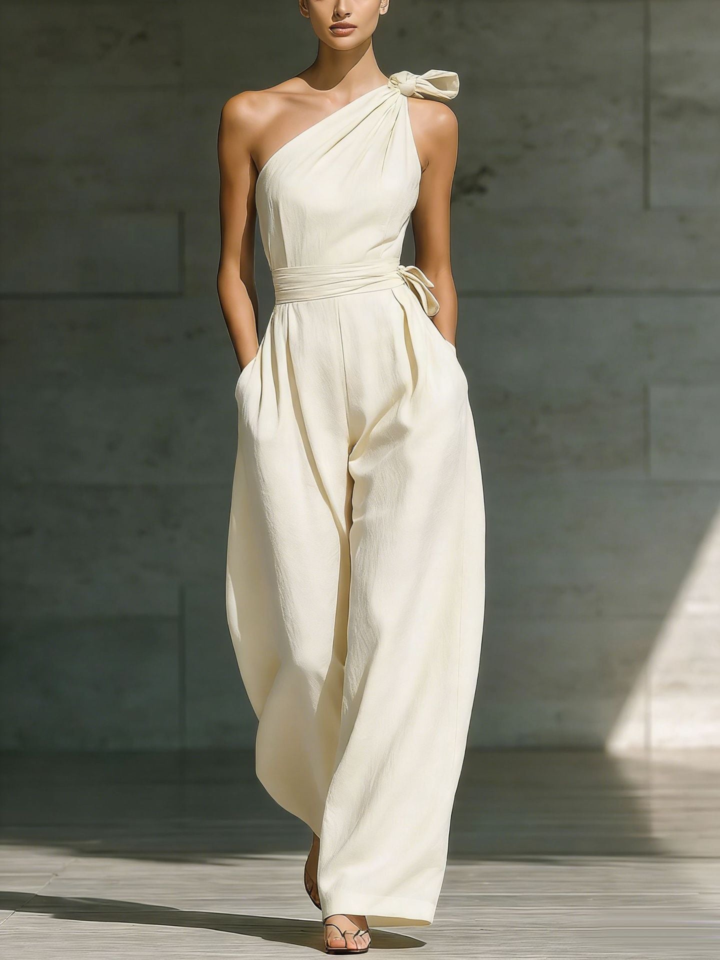 One-Shoulder High-Waisted Wide-Leg Jumpsuit with Bow Detail - Summer Chic 2026