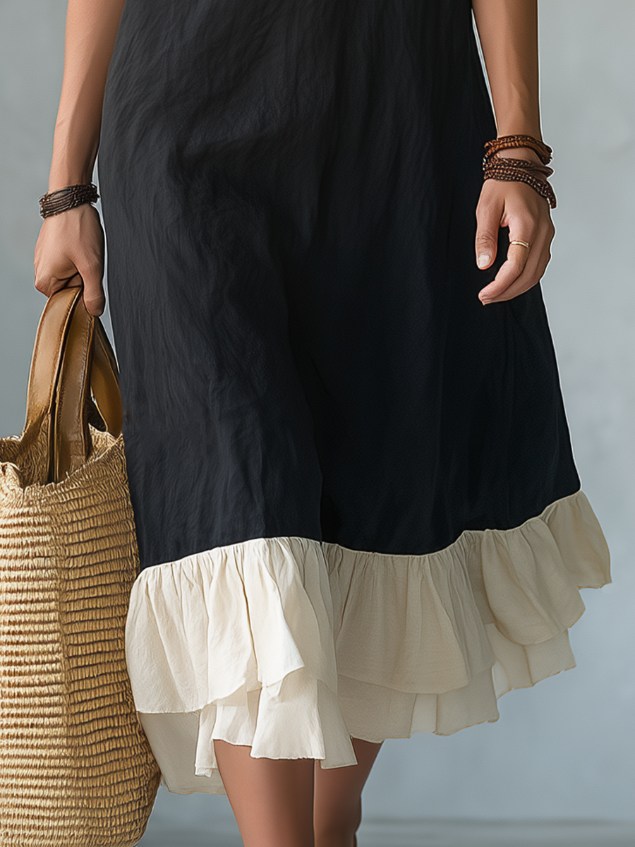 Elegant Black Contrast Ruffle Midi Dress